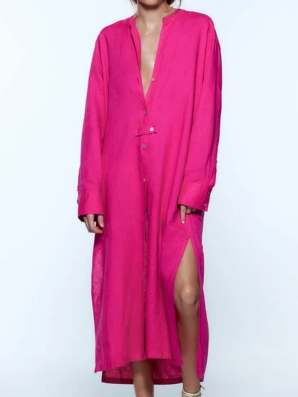 ZARA Fuchsia Pink Linen Blend Tunic Dress Size S